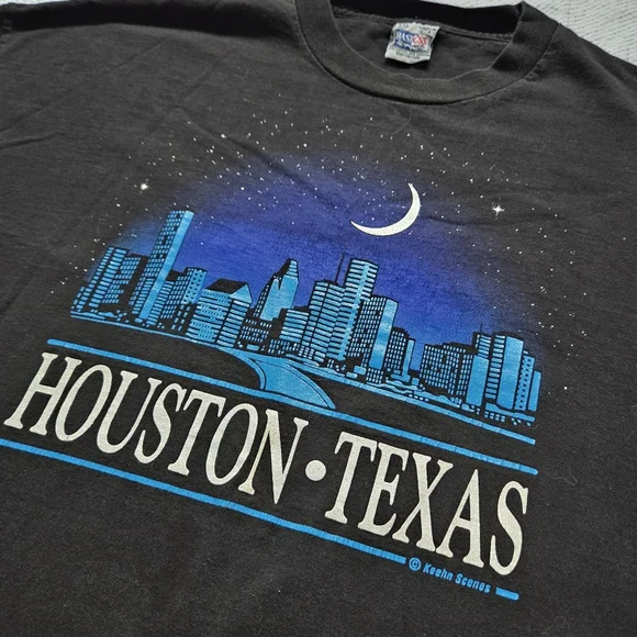 Basicss Black T-Shirt with Blue Houston Texas Skyline Graphic - Picture 2 of 4